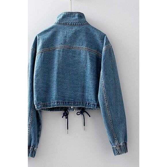 Urban Daizy Utility Cropped Drawstring Hem Stand Collar Denim Jacket - Picture 2 of 16